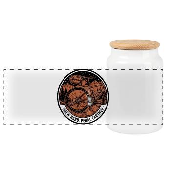 Brew Hard Pedal Farther Linocut Bikepacking - Panoramic Cookie Jar with Wooden Lid - white - Front