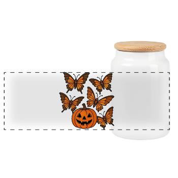 Halloween Pumpkin with Butterflies - Panoramic Cookie Jar with Wooden Lid - white - Front