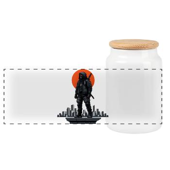 Ninja in the shadows in front of a red skyline - Panoramic Cookie Jar with Wooden Lid - white - Front
