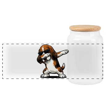 Dabbing Basset Hound in Comic Style - Panoramic Cookie Jar with Wooden Lid - white - Front
