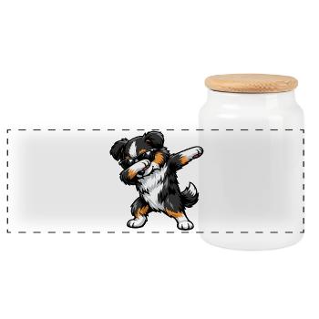 Dabbing Miniature American Shepherd - Panoramic Cookie Jar with Wooden Lid - white - Front