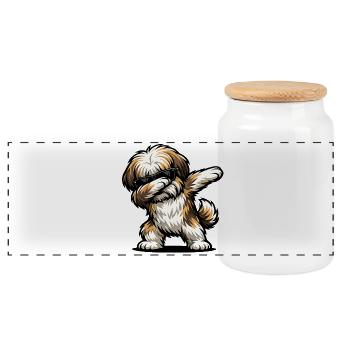 Dabbing Lhasa Apso - Panoramic Cookie Jar with Wooden Lid - white - Front