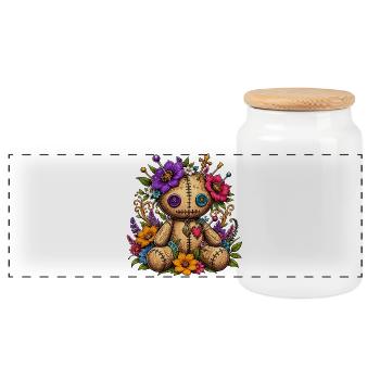 Flower voodoo doll with sewing stitches - Panoramic Cookie Jar with Wooden Lid - white - Front
