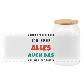 Zahnarzthelferin Ich sehe alles - Lustig Praxis - Panorama Keksdose mit Holzdeckel - Weiß - Vorne