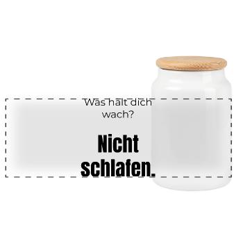 Was hält dich wach? Nicht schlafen – Spruch - Panorama Keksdose mit Holzdeckel - Weiß - Vorne