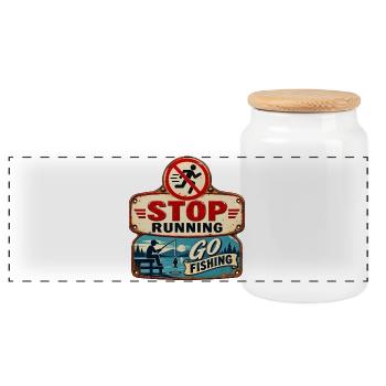Stop Running – Go fishing. - Panoramic Cookie Jar with Wooden Lid - white - Front