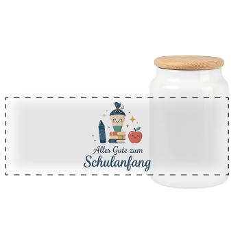 Schulanfang: Lächelnde Schulutensilien - Panorama Keksdose mit Holzdeckel - Weiß - Vorne