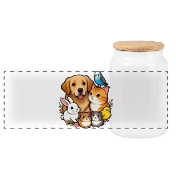Bunte Tierfreunde 🐶🐱🐰🐹🐥🦜 - Panorama Keksdose mit Holzdeckel - Weiß - Vorne