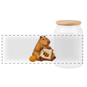 Capybara mit Punch-Needle-Biene - Panorama Keksdose mit Holzdeckel - Weiß - Vorne