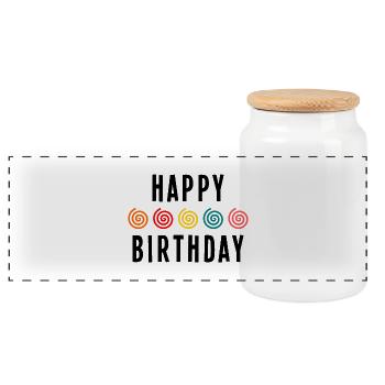 HAPPY BIRTHDAY. HAPPY BIRTHDAY. ANNIVERSARY. - Panoramic Cookie Jar with Wooden Lid - white - Front