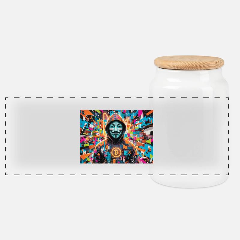 Bitcoin Bazooka - PopArt - Satoshi 3 - Panorama Keksdose mit Holzdeckel - Weiß