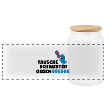 Tausche Schwester gegen Süßes - Panorama Keksdose mit Holzdeckel - Weiß - Vorne