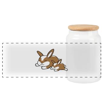 2 bunnies sleeping dad mom child mother lying tired - Panoramic Cookie Jar with Wooden Lid - white - Front