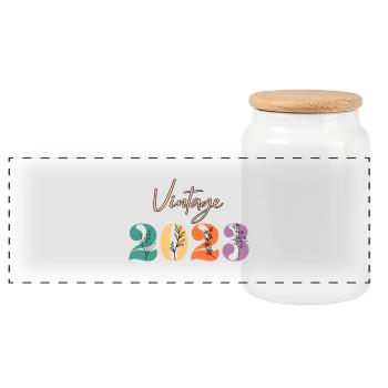 Jahrgang 2023 Blumen - Panorama Keksdose mit Holzdeckel - Weiß - Vorne