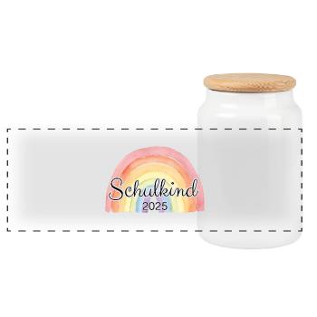 Schulkind Regenbogen bunt - Panorama Keksdose mit Holzdeckel - Weiß - Vorne