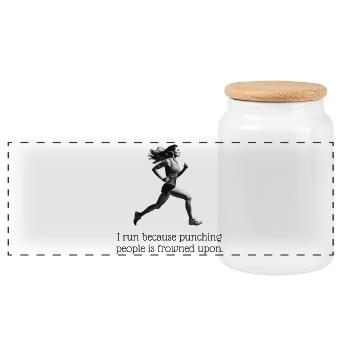 I run because punching people is frowned upon. - Panoramic Cookie Jar with Wooden Lid - white - Front