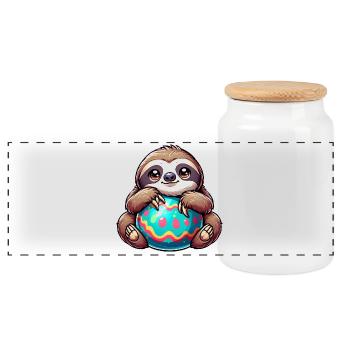 Easter Sloth: Hug and Easter Egg - Panoramic Cookie Jar with Wooden Lid - white - Front