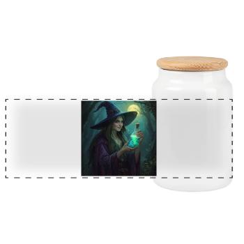 Forest Witch with Glowing Potion - Panoramic Cookie Jar with Wooden Lid - white - Front