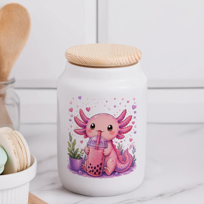 Pink Axolot with Bubble Tea Panoramic Cookie Jar with Wooden Lid