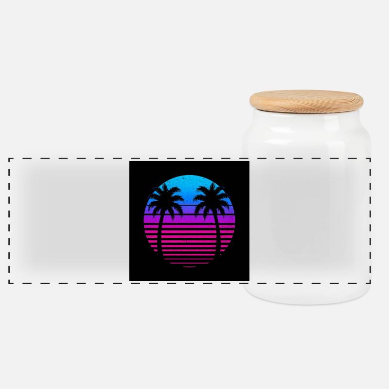 Neon Palm Sonnenuntergangskreis - Panorama Keksdose mit Holzdeckel - Weiß