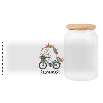 Einhorn auf dem Fahrrad - Panorama Keksdose mit Holzdeckel - Weiß - Vorne