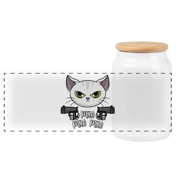 Pew Pew Pew Katze / Böse Katze - Panorama Keksdose mit Holzdeckel - Weiß - Vorne