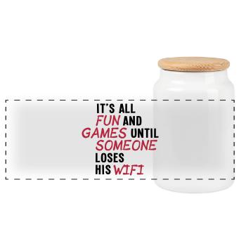 it's all fun and games until... wifi ii 2c - Panoramic Cookie Jar with Wooden Lid - white - Front