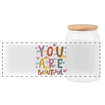 You Are Beautiful Colorful Message - Panoramic Cookie Jar with Wooden Lid - white - Front