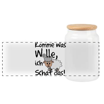 Komme was Wolle ich Schaf das. Lustiger Spruch - Panorama Keksdose mit Holzdeckel - Weiß - Vorne