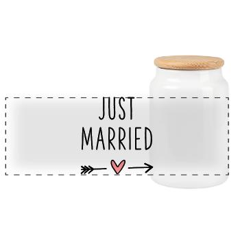 Just Married heart arrow love honeymoon - Panoramic Cookie Jar with Wooden Lid - white - Front