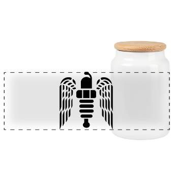Spark plug emblem with large wings - Panoramic Cookie Jar with Wooden Lid - white - Front