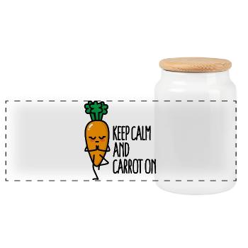 Keep calm and carrot on lustige Yoga Vegan Karotte - Panorama Keksdose mit Holzdeckel - Weiß - Vorne