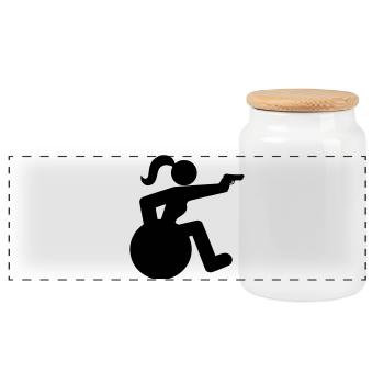 Shooting wheelchair user. # - Panoramic Cookie Jar with Wooden Lid - white - Front