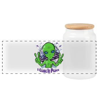 Alien comes in peace - Space Alien UFO - Panoramic Cookie Jar with Wooden Lid - white - Front