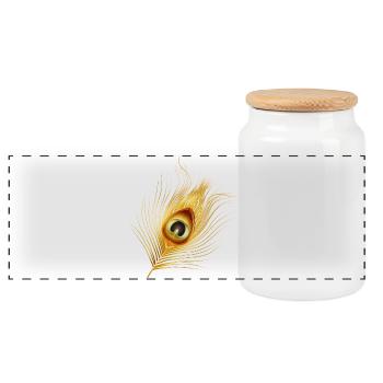 hand-drawn gold-colored peacock feather - Panoramic Cookie Jar with Wooden Lid - white - Front