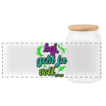 Hej geht ja voll ab lustiges Fun T-Shirt - Panorama Keksdose mit Holzdeckel - Weiß - Vorne