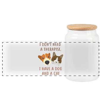 I don't need a therapist. I have a dog and a cat - Panoramic Cookie Jar with Wooden Lid - white - Front