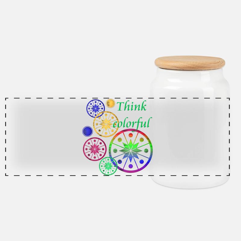 Sternblüten mit Spruch Think colorful - Panorama Keksdose mit Holzdeckel - Weiß