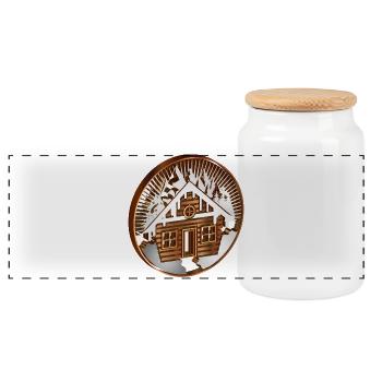 snow-covered hut in the mountains as a medallion - Panoramic Cookie Jar with Wooden Lid - white - Front