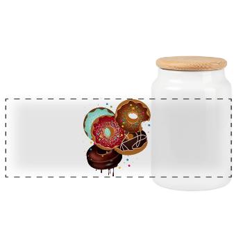 wild zusammengewürfelter bunter Haufen Donuts - Panorama Keksdose mit Holzdeckel - Weiß - Vorne
