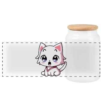 Kawaii Weiße Chibi-Katze – Überraschte Anime-Katze - Panorama Keksdose mit Holzdeckel - Weiß - Vorne