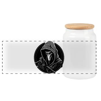 Sleek Skaven logo: bold, minimalist, menacing. - Panoramic Cookie Jar with Wooden Lid - white - Front