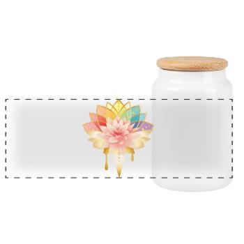Lotus mit goldenem Blüten Symbol in bunten Farben - Panorama Keksdose mit Holzdeckel - Weiß - Vorne