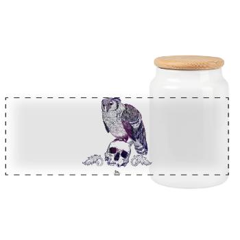 Eurasian Eagle Owl and Skull with Ornaments - Panoramic Cookie Jar with Wooden Lid - white - Front
