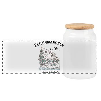 Ulm, Schräg und Spektakulär, Handzeichnung - Panorama Keksdose mit Holzdeckel - Weiß - Vorne