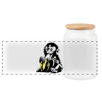 Playful monkey motif with banana - Panoramic Cookie Jar with Wooden Lid - white - Front