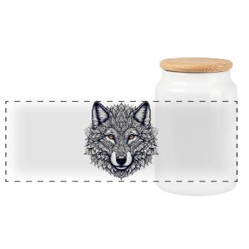 Wolf decorated with Mandalas - Panoramic Cookie Jar with Wooden Lid - white - Front