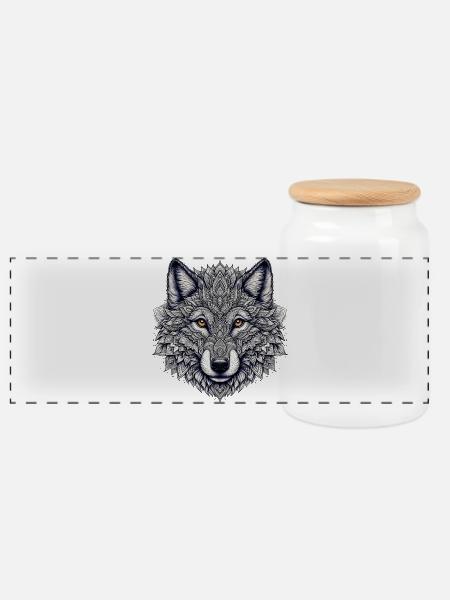 Wolf mit Mandalas verziert - Panorama Keksdose mit Holzdeckel - Weiß