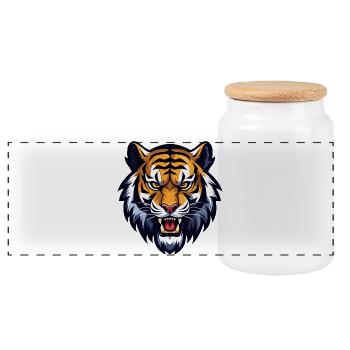 Roaring Tiger – Wild Big Cat Design - Panoramic Cookie Jar with Wooden Lid - white - Front