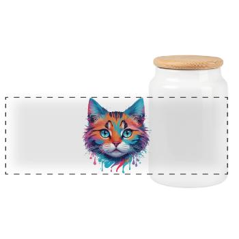 Cute Cat - Panoramic Cookie Jar with Wooden Lid - white - Front